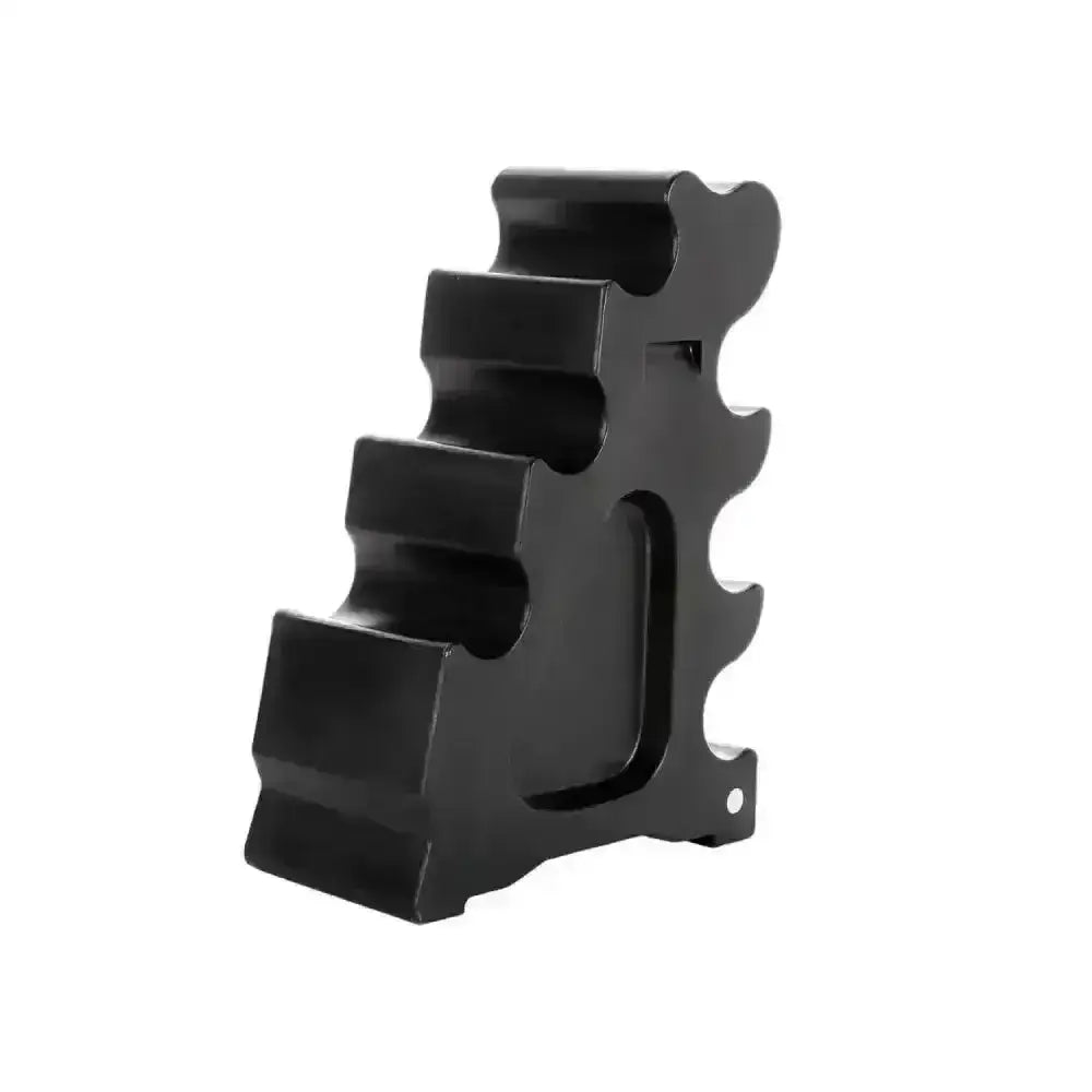Black metal dumbbell rack with sleek angular design and tiered slots for organizing weights classic showjumps sloping block