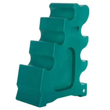 Teal plastic stackable storage rack with tiered compartments and curved cutouts for classic showjumps sloping block