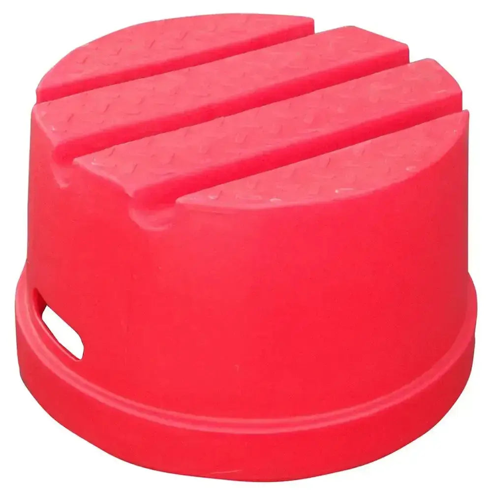 Bright red plastic classic showjumps standard mounting block with three textured raised rungs for easy stepping