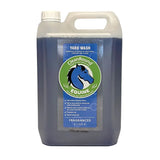 A 5 litre jug of cleanround fragranced yard wash blue liquid cleaner with white cap and handle for equine use