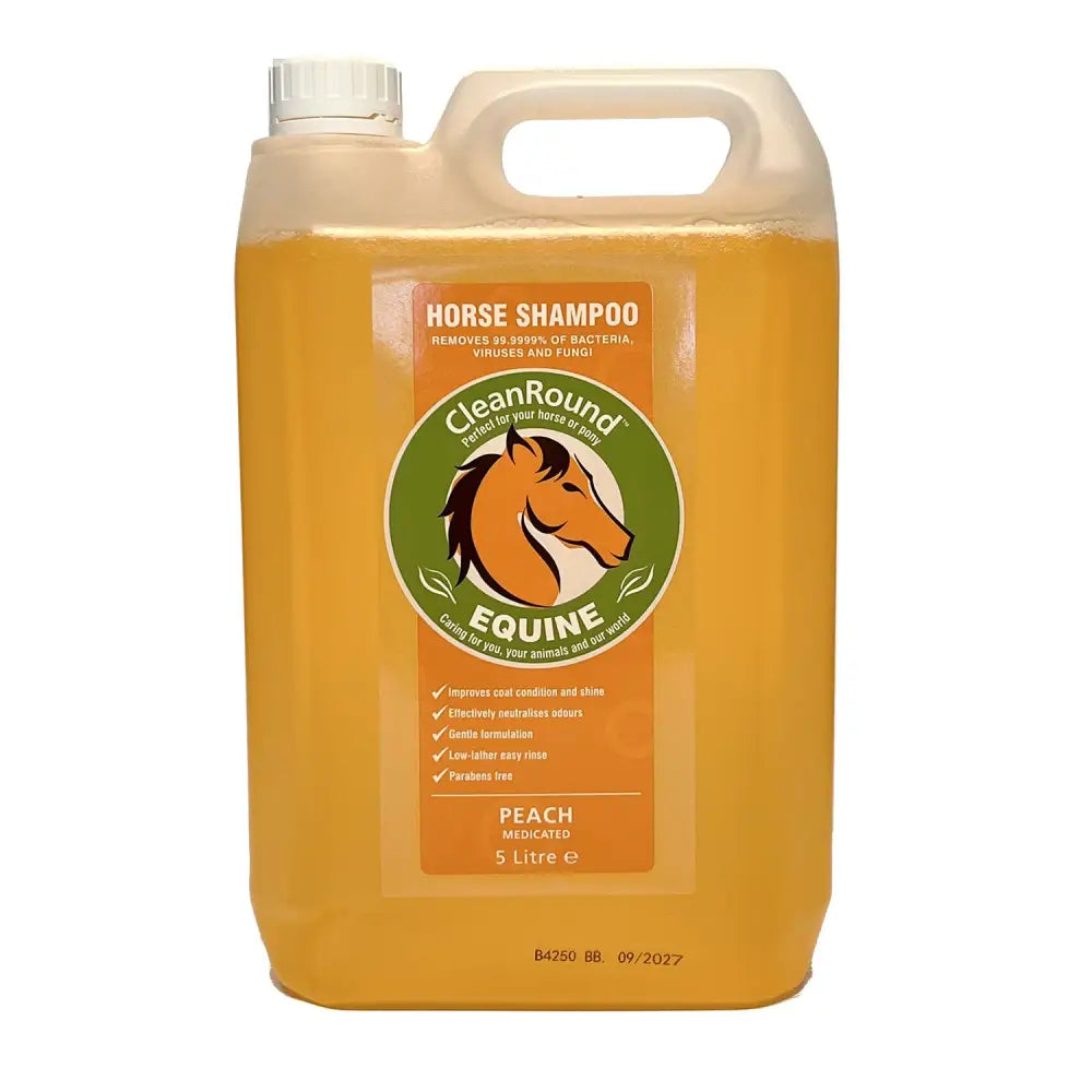 Cleanround medicated shampoo peach in a 5-litre orange plastic jug with white cap and handle for horse care