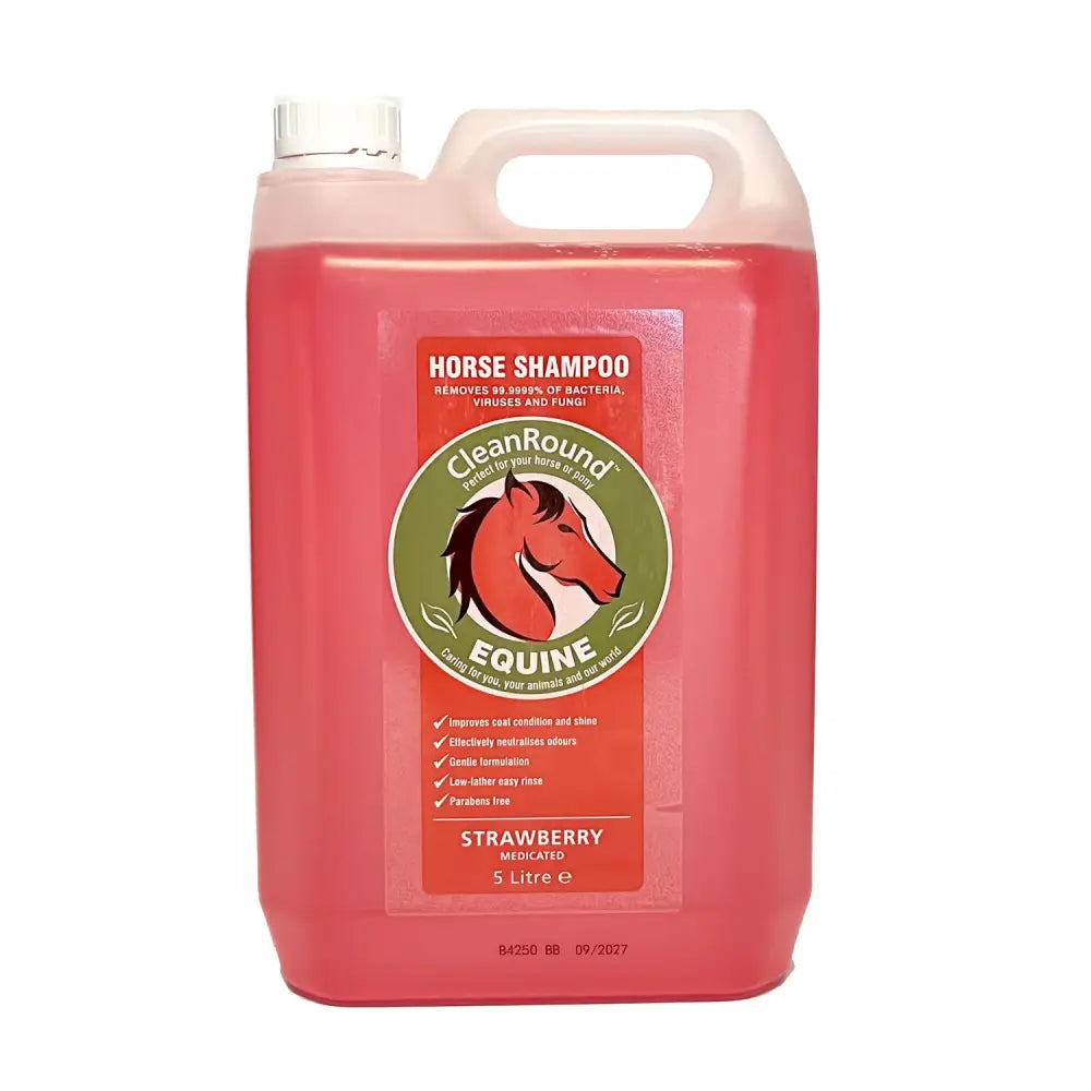 A 5-litre translucent red plastic jug of cleanround medicated shampoo strawberry with white cap and handle