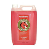 A 5-litre translucent red plastic jug of cleanround medicated shampoo strawberry with white cap and handle