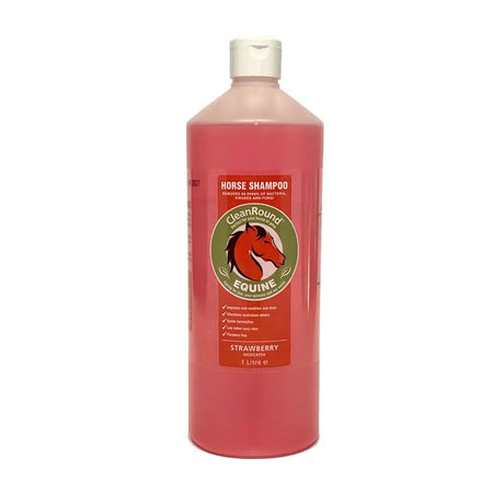 A pink 1 litre bottle of cleanround medicated shampoo strawberry scent with a white cap for horses