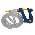 Blue and yellow plastic clik pour-on gun with clear barrel coiled tubing and metal springs for 4-stroke clik application