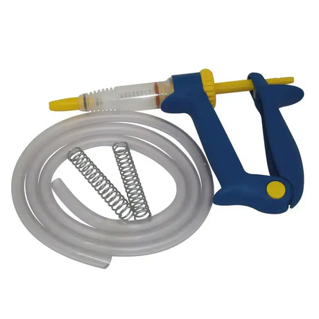Blue and yellow plastic clik pour-on gun with clear barrel coiled tubing and metal springs for 4-stroke clik application