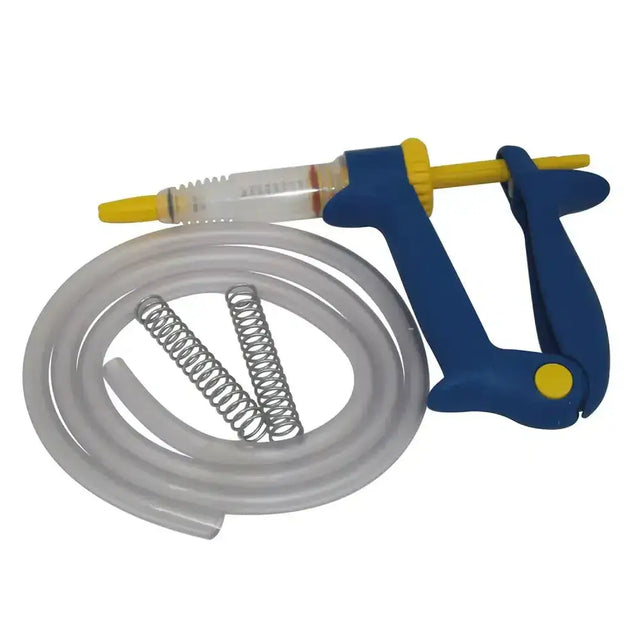 Blue and yellow plastic clik pour-on gun with clear barrel coiled tubing and metal springs for 4-stroke clik application