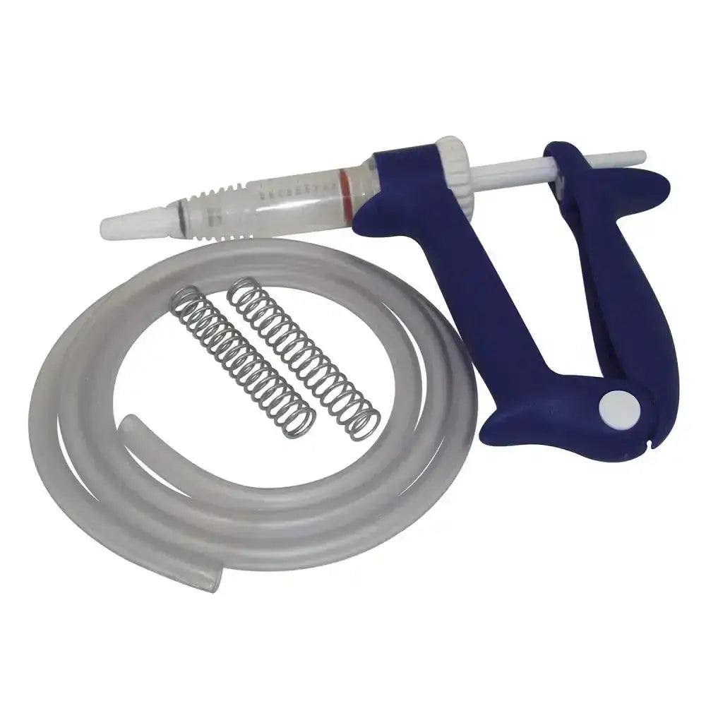Blue plastic clikzin pour-on gun syringe with clear barrel white plunger coiled gray tubing and metal springs for 4-stroke application