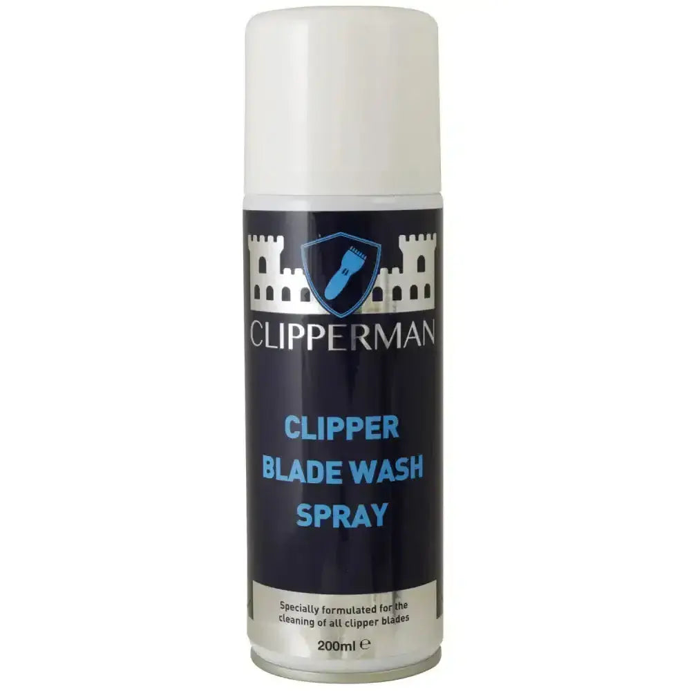Clipperman clipper blade wash spray in a 200ml black can with white cap for cleaning clipper blades