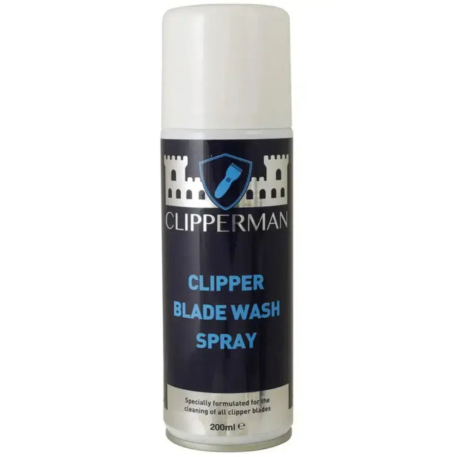 Clipperman clipper blade wash spray in a 200ml black can with white cap for cleaning clipper blades