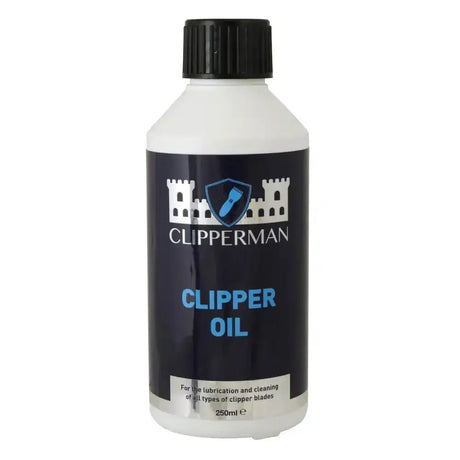 White plastic bottle with black ribbed cap and dark blue label of clipperman clipper oil specially formulated lubricant for max performance