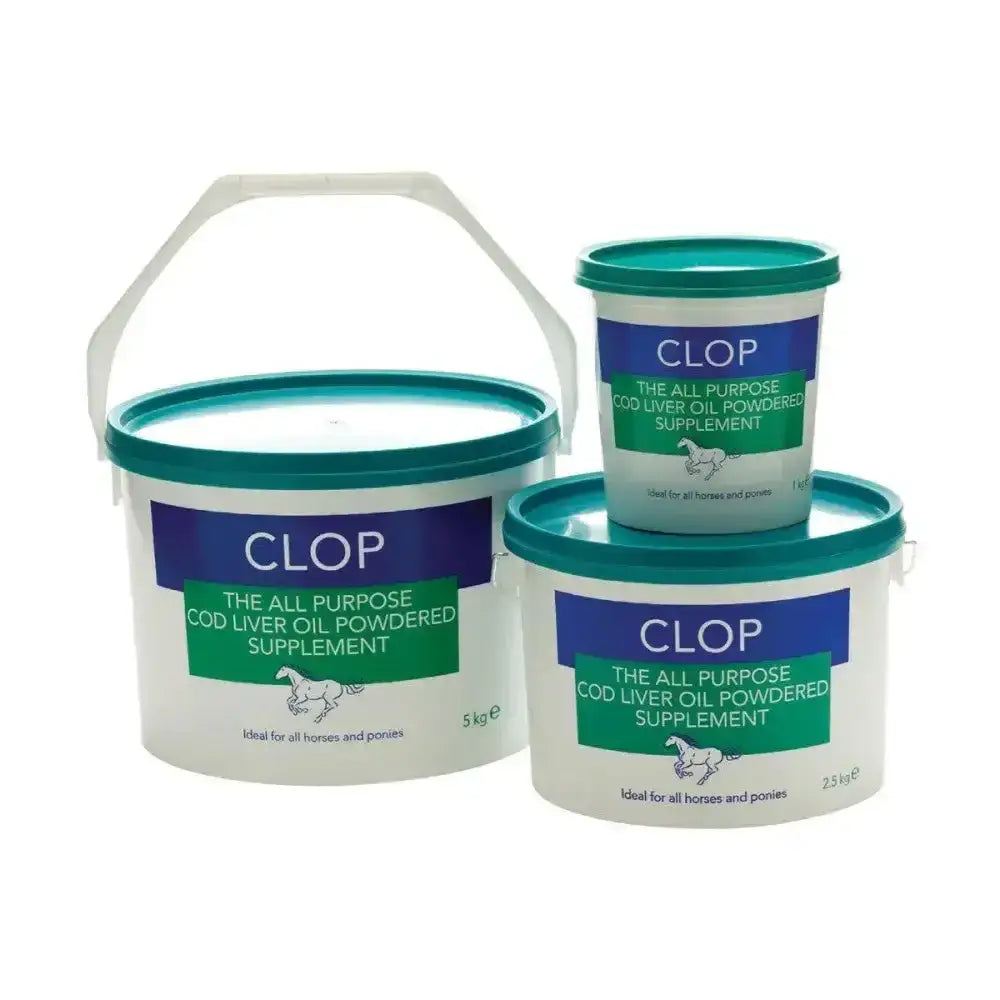 White plastic buckets with teal lids and blue-green clop cod liver labels for liver oil powdered horse supplement