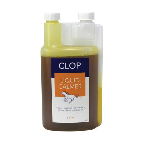 A 1 litre transparent plastic bottle of clop liquid calmer with brown liquid and yellow layer to ease excitable horses stress