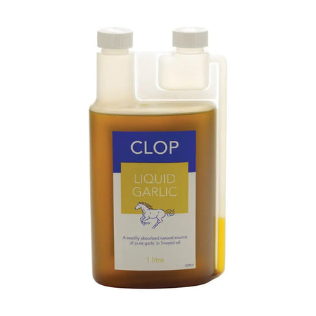A 1 litre clear plastic bottle of clop liquid garlic with two white caps and a horse illustration on the label