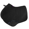 Black quilted close contact saddle pad with subtle texture and purple tag perfect as a high wither saddle pad