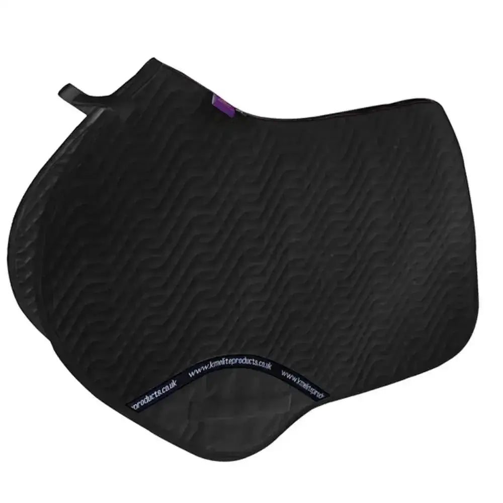 Black quilted close contact saddle pad with subtle texture and purple tag perfect as a high wither saddle pad