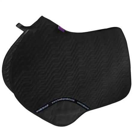 Close contact saddle pad black with subtle quilted texture and purple tag designed as a close contact high wither pad