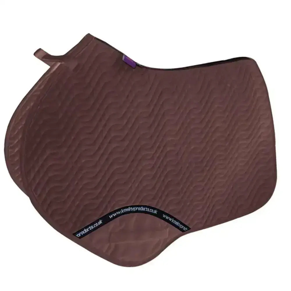 Brown close contact saddle pad with textured wavy pattern and purple tab designed for high wither saddle use