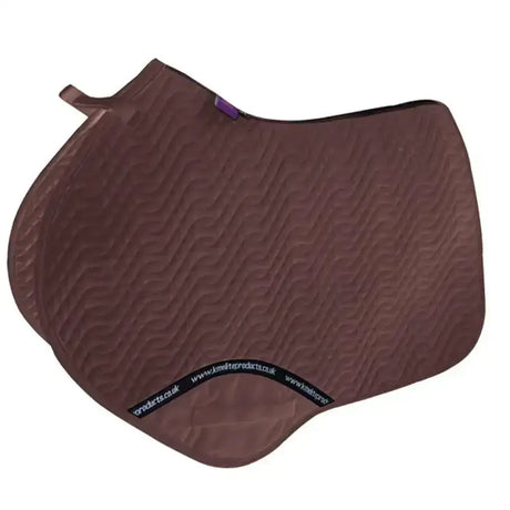 Brown close contact saddle pad with textured wavy pattern and purple tab designed for high wither saddle use