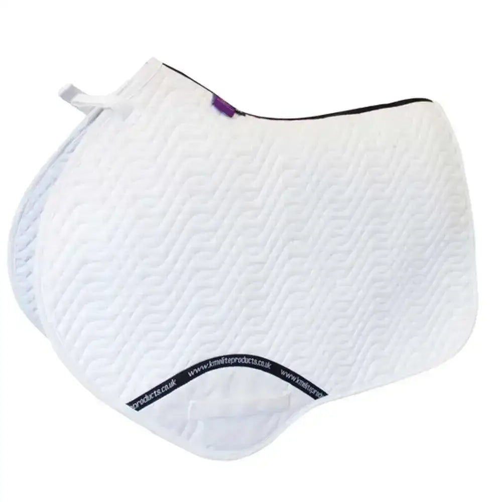 Close contact saddle pad in white with quilted chevron pattern and black trim for high wither saddle use