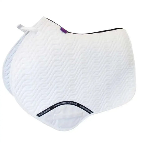 White quilted close contact saddle pad with subtle chevron pattern and black trim designed for high wither saddle use