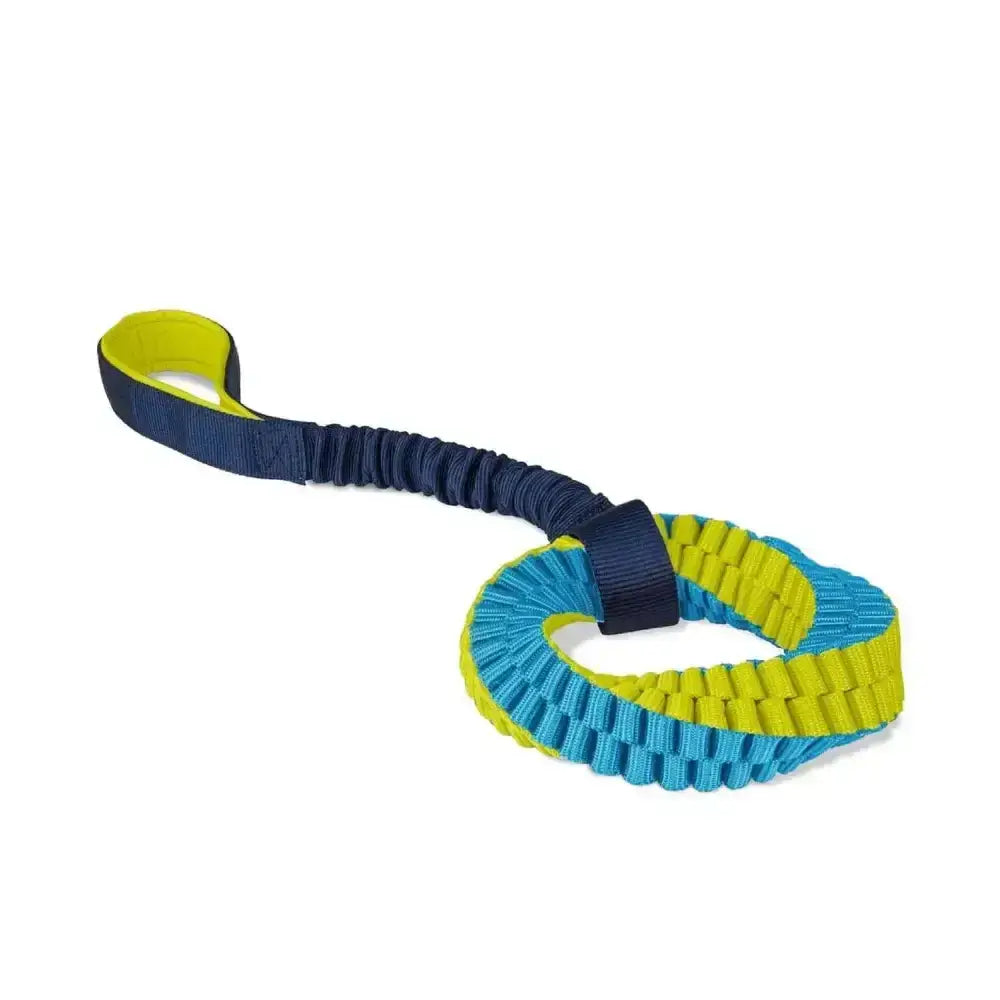 Coachi helix dog toy with bright blue lime green braided rope and navy fabric handle featuring innovative design