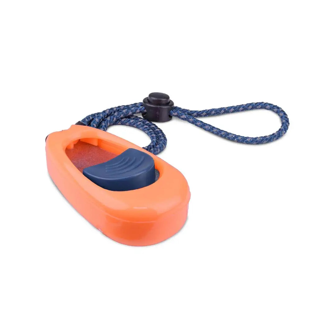 Orange plastic coachi multi-clicker dog leash clip with navy blue textured button and adjustable wrist strap braided cord