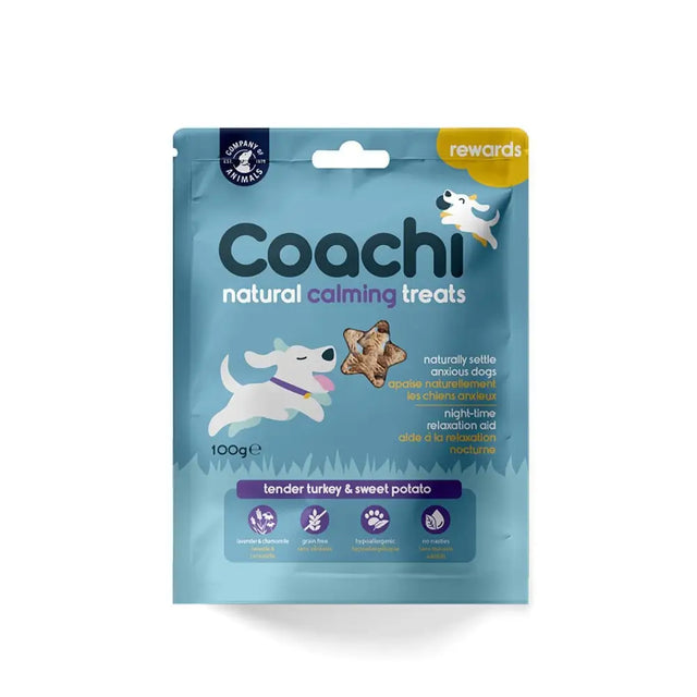 Blue pouch of coachi natural calming dog treats with star-shaped turkey and sweet potato natural calming treats