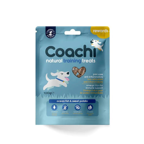 Blue pouch of coachi natural training treats with white dog illustration featuring ocean fish and sweet potato flavor