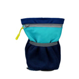 A navy blue and teal mesh coachi pro train treat bag with gray zipper pull and bright yellow zipper tab for professional walkers