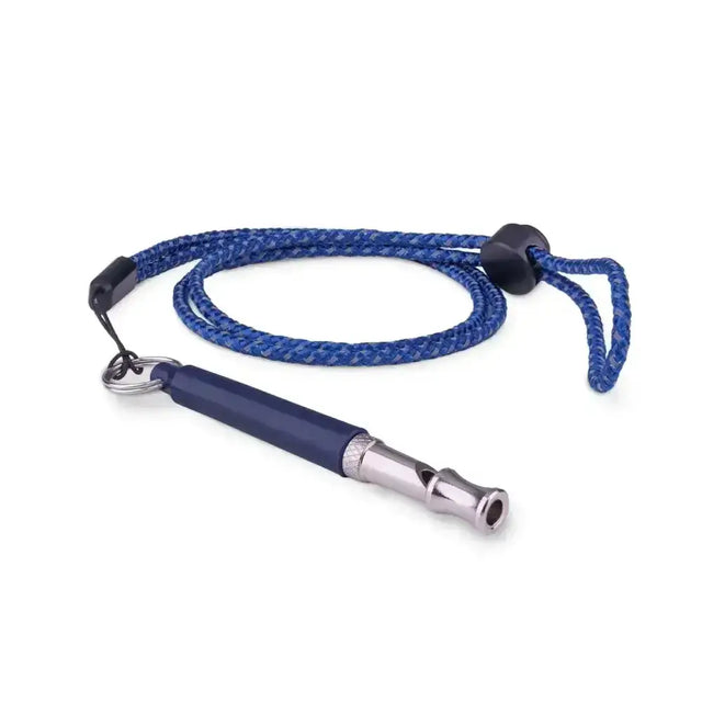 Blue braided cord with navy handle and silver metal coachi professional whistle for adjustable pitch recall training