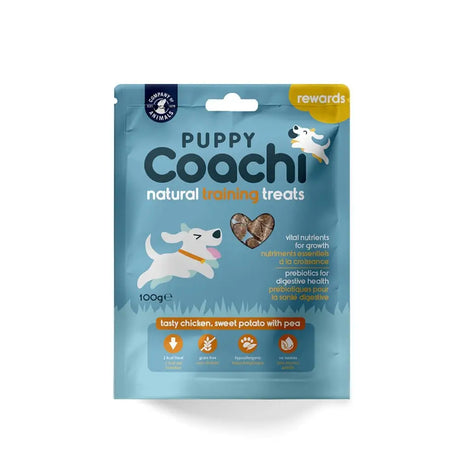 Blue pouch of coachi puppy natural training treats with playful white puppy illustration and flavor details visible