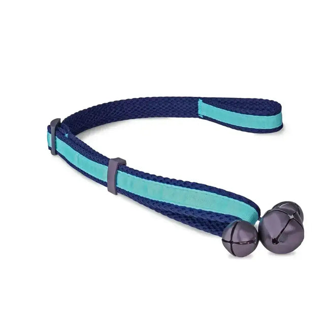 Navy blue and teal reflective coachi toilet training bells leash with three metallic jingle bells to stop door scratching