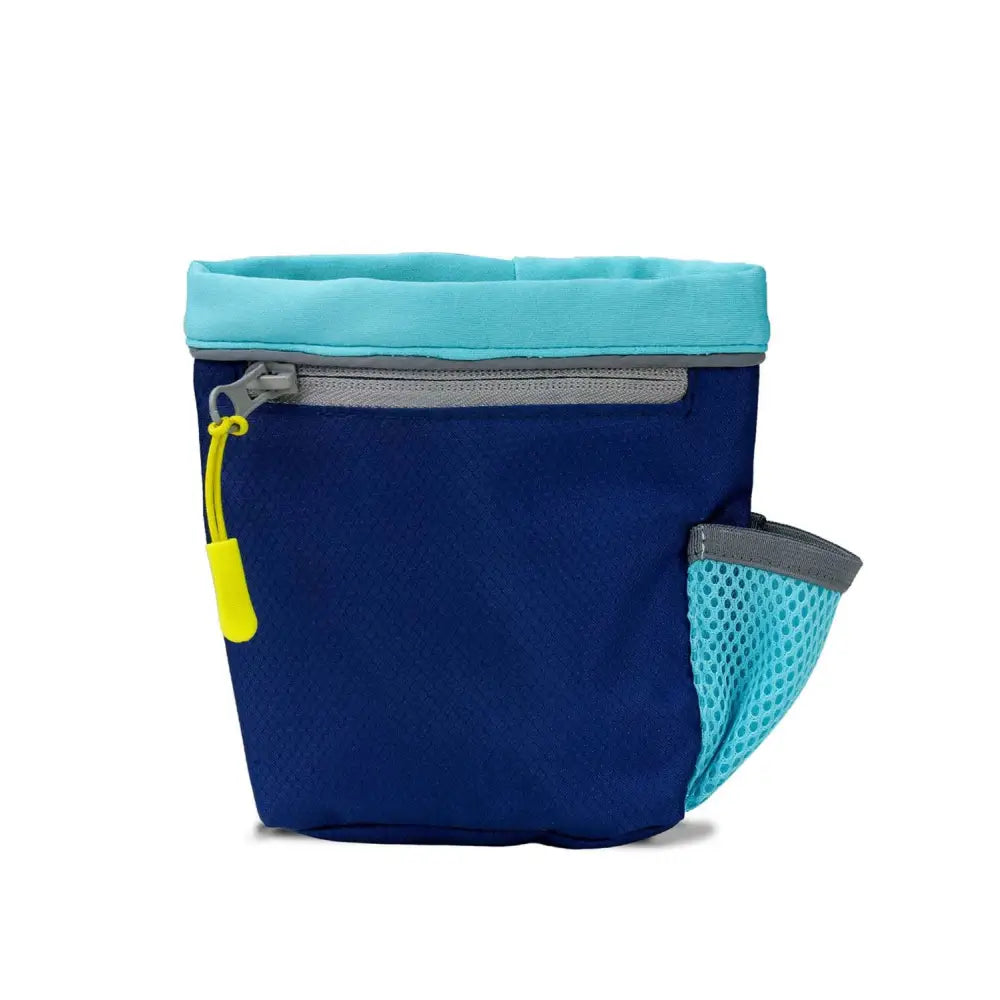 Navy blue and teal coachi train and treat bag with a generously sized treat compartment and bright yellow zipper pull