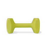 A lime green hexagonal coachi training dumbbell made of rubber with a smooth matte finish for classic retrieval and long distance throwing