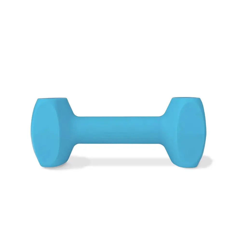 A solid light blue matte coachi training dumbbell with rubber handle designed for long distance throwing and classic retrieval
