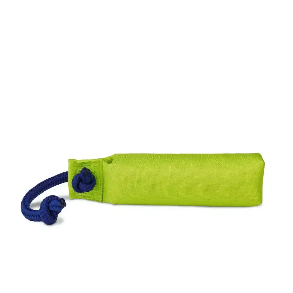 Bright lime green coachi training dummy with blue rope handle for classic retrieval and long distance throwing