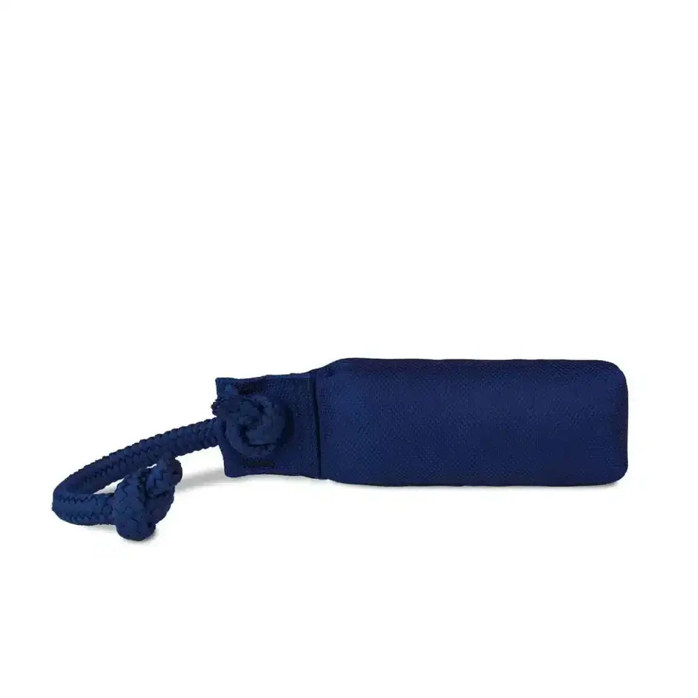 Navy blue fabric coachi training dummy pouch with braided rope handle designed for long distance throwing and classic retrieval