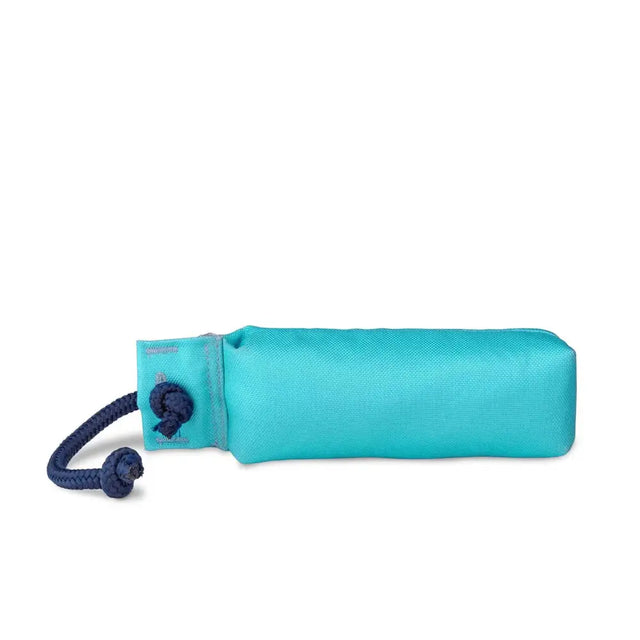 Teal fabric coachi training dummy umbrella with navy blue rope handle and toggle for classic retrieval and long distance throwing