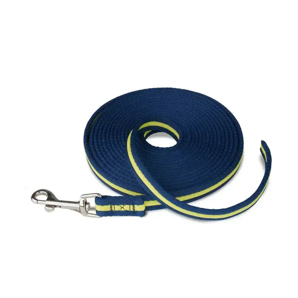 Navy blue canvas coachi training line dog leash with bright yellow stripe and silver clasp for safe training outdoors