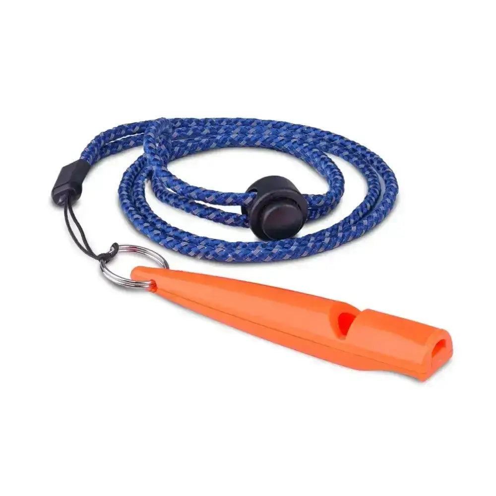 Bright orange plastic coachi training whistle with blue braided cord and toggle clasp for recall training and dog toy use