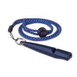 Navy blue plastic coachi training whistle with braided blue and white cord for recall training and dog toy use