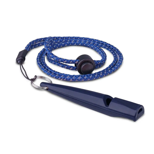 Navy blue plastic coachi training whistle with braided blue and white cord for recall training and dog toy use