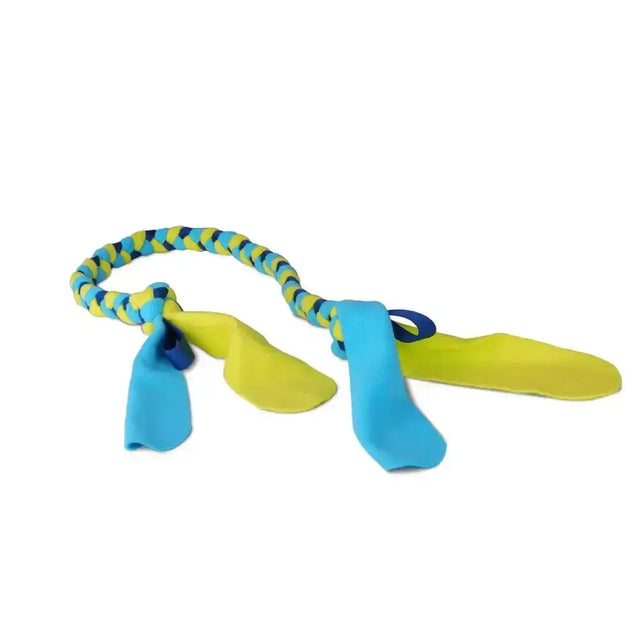Blue and yellow braided rope coachi tuggi tug dog toy with soft floppy ear-like appendages for tugging fun
