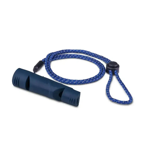 Dark blue plastic coachi two-tone whistle with braided blue cord and toggle clasp to train two dogs