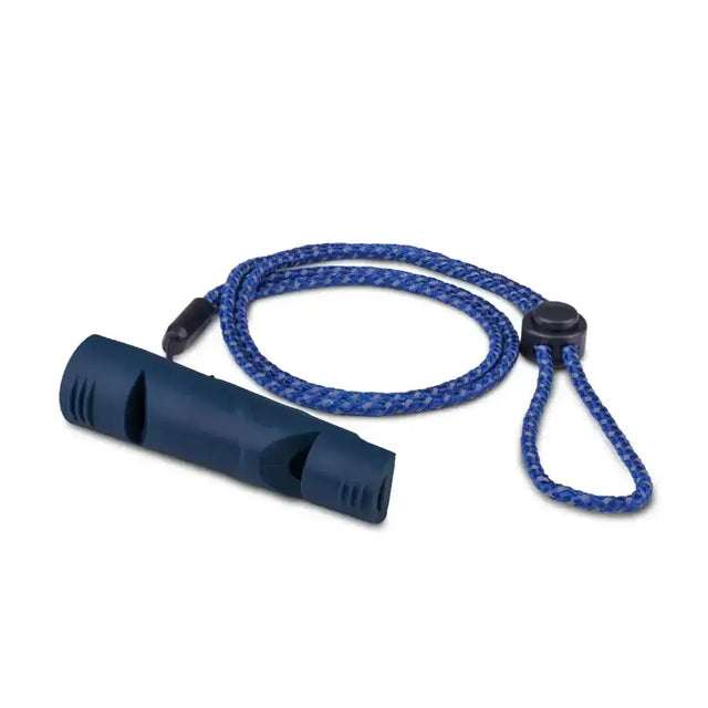Dark blue plastic coachi two-tone whistle with braided blue cord and toggle clasp to train two dogs