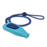Teal plastic coachi whizzclick whistle with dark blue button and blue braided cord for easy use and carry