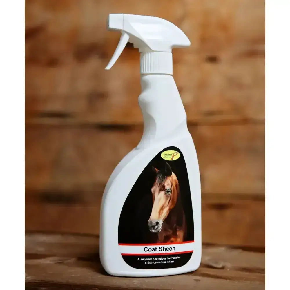 White plastic spray bottle of smart grooming’s coat sheen with black red label featuring horse’s head for natural shine horse’s coat