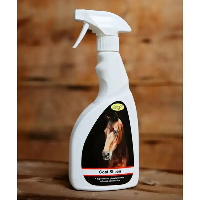 White plastic spray bottle of smart grooming’s coat sheen with black red label featuring horse’s head for natural shine horse’s coat