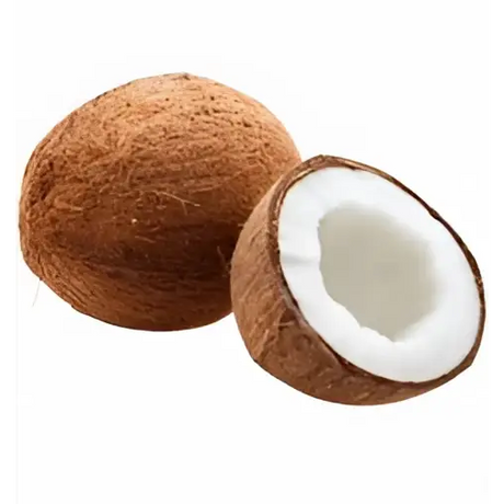 Whole and halved brown coconut with fibrous husk and white flesh inside perfect for equestrian snack or credit card holder gift